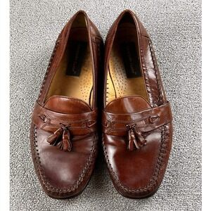 VTG Steeple Gate Loafers Men 9.5 EEE Brown Wide Woven Leather Tassel Braided